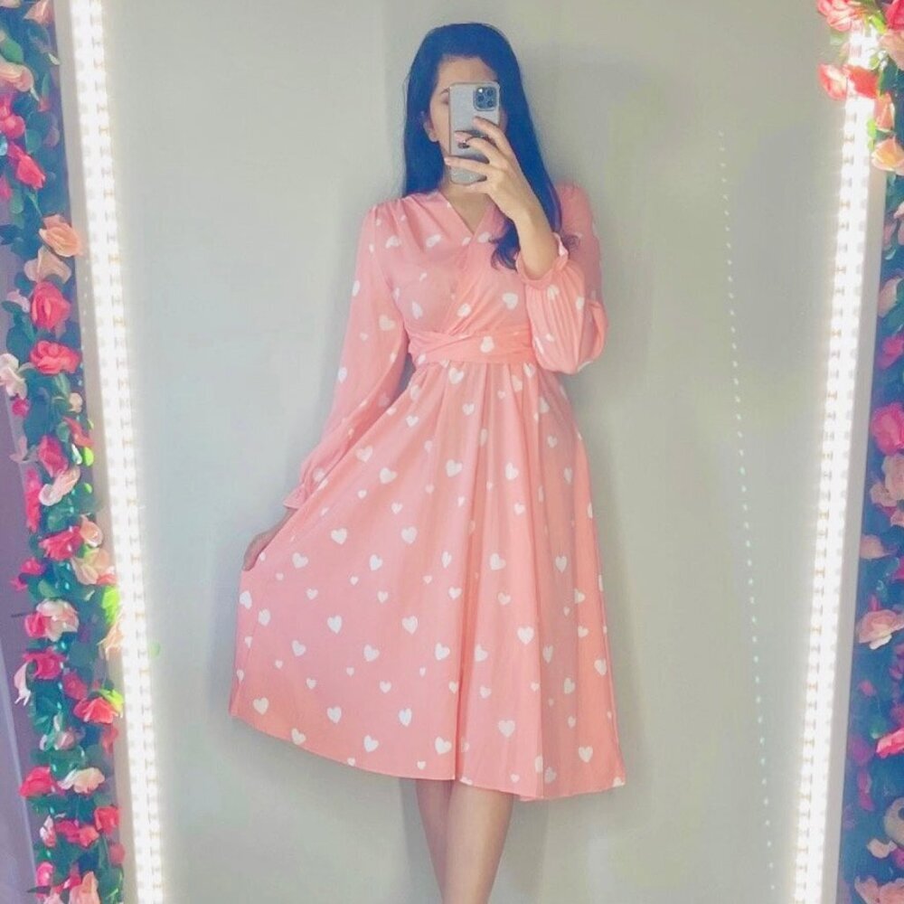 Long Sleeve Pink Heart Midi Dress